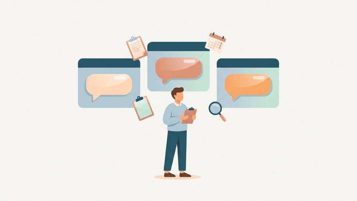 איור בעל עסק בוחן שלושה מסכי שיחה של מנועי בינה מלאכותית ובודק אם שם העסק שלו מופיע בכל תשובה, מדידת אזכורים במנועי AI